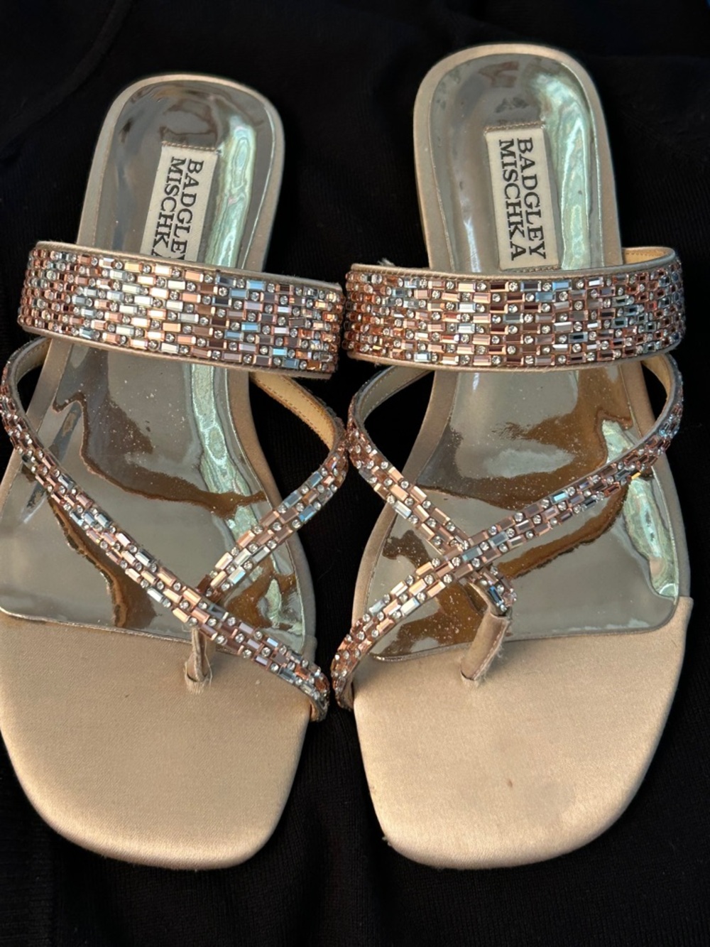 New Badgley Mischka Rose Gold Beaded Crisscross Slide Sandals